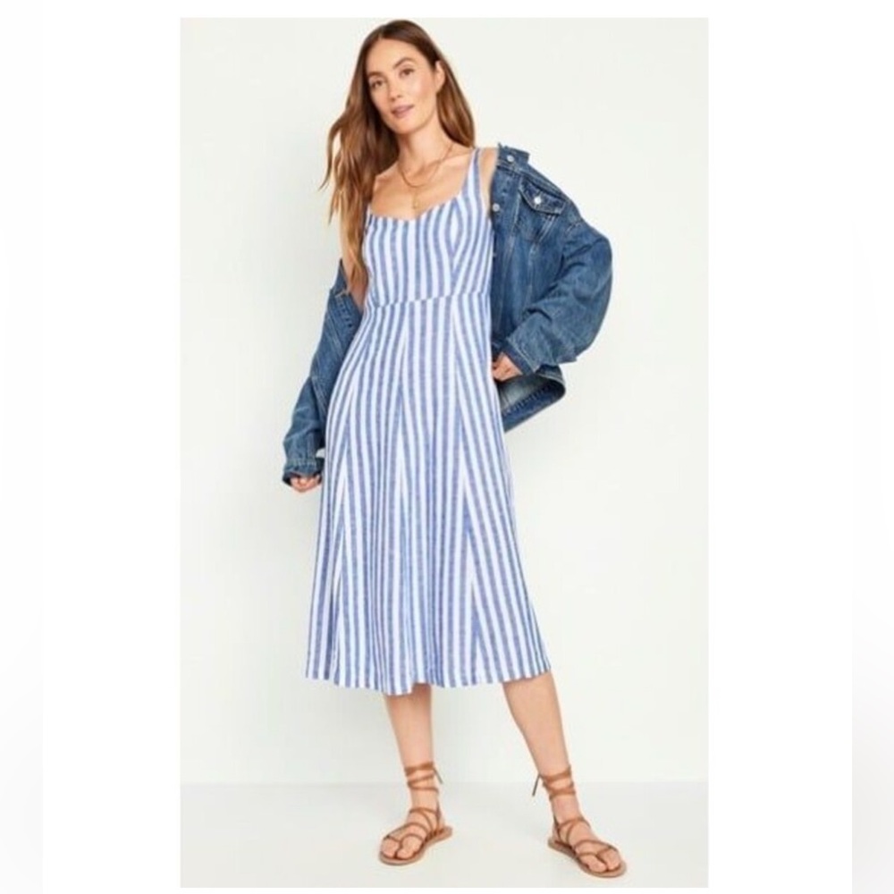 NWT Old Navy Fit & Flare Linen-Blend Midi Dress – Blue Stripe - Picture 14 of 15